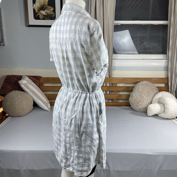 Beach Lunch Lounge Plaid Short Shirt Dress Women’s Med Grey White Cotton Tomboy - Picture 16 of 16